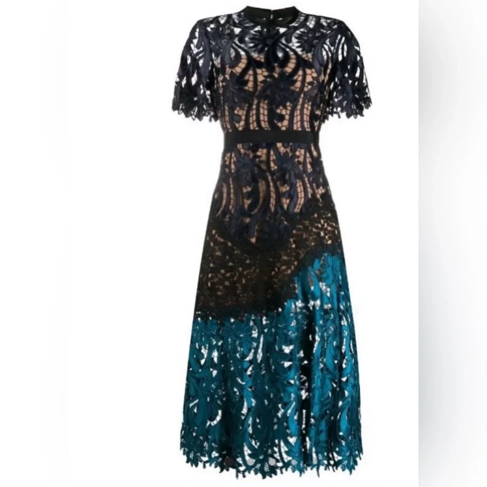 Lace Midi Dress in Navy and Teal - Picture 1 of 4